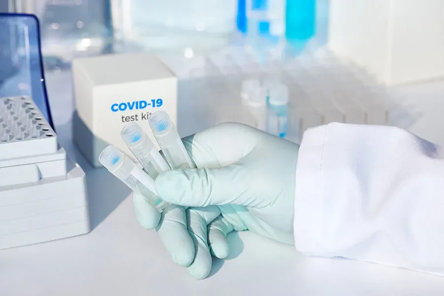 Gloved hands holding a COVID-19 laboratory test sample